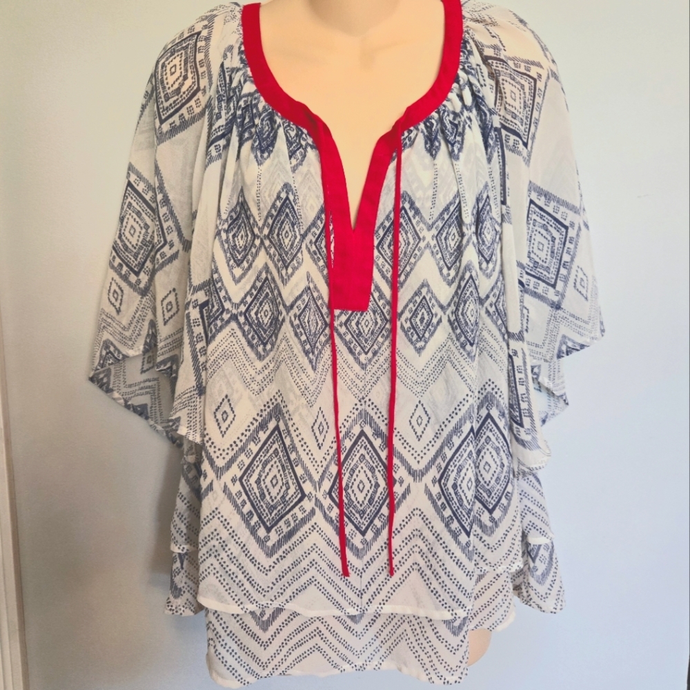 ARIAT flowy v-neck blouse geometric boho blue red white Sz Small casual top